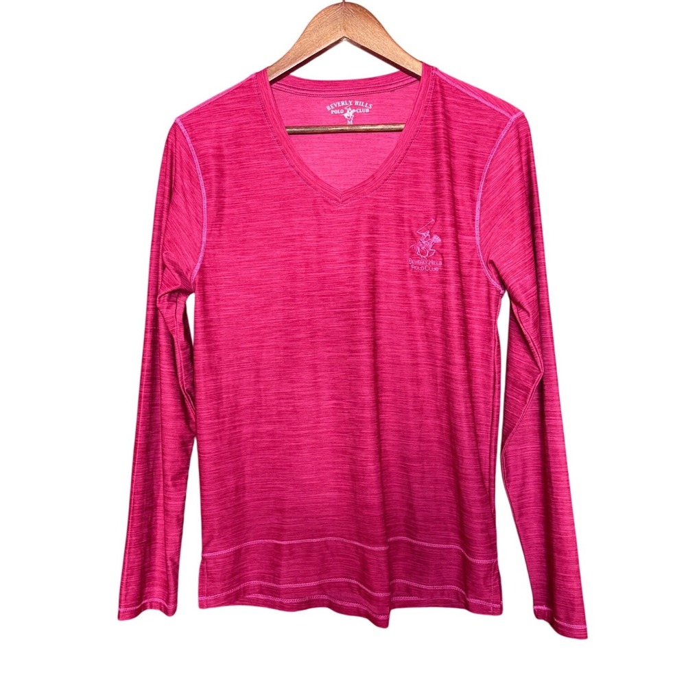 Beverly Hills Polo Club‎ Womens Pink Space Dye V-Neck Long Sleeve Top Size M
